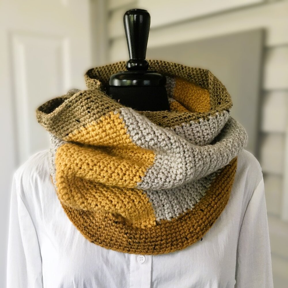 Hand Crocheted Yellow Grey Tan Ochre Tweed Stiped Infinity Cowl